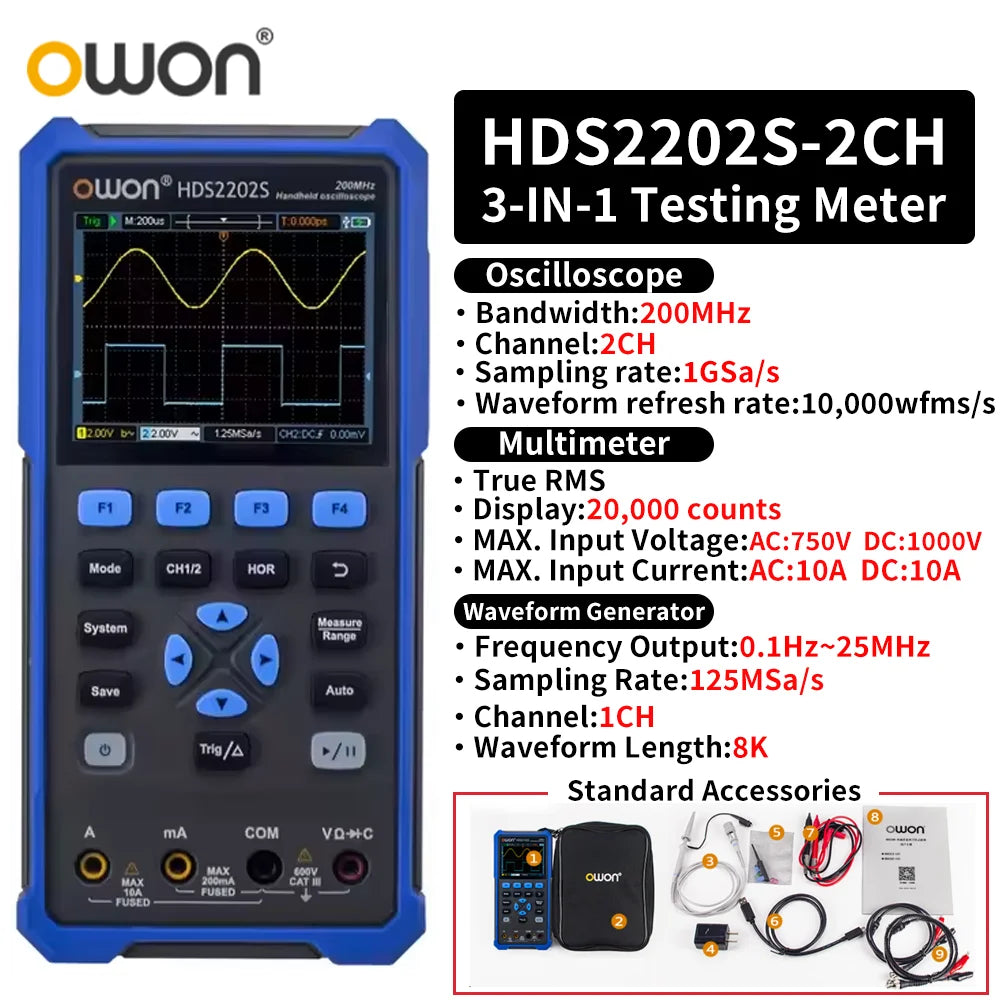 OWON HDS2102S/HDS272S/HDS242S Handheld 3-in-1 Digital Oscilloscope, Signal Generator, Multimeter | 100MHz Bandwidth, 2 Channels