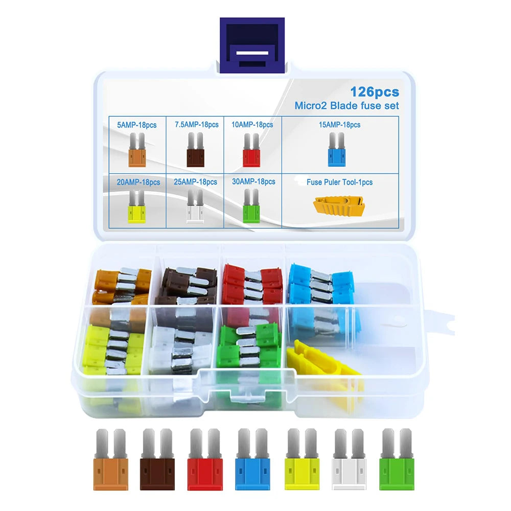 35/56/70/84/100/105/126pcs Micro 2 Blade Fuse Assortment Kit for Truck Replacement with Fuse Puller(5A,7.5A,10A,15A,20A,25A,30A)