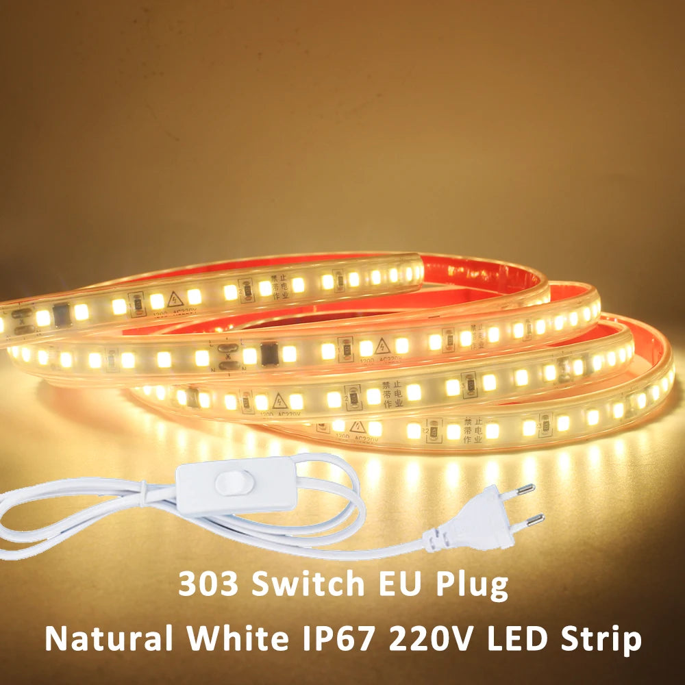 220V LED Strip Light SMD2835 120LEDs/m Waterproof Tape Lamp with EU Plug 1M 2M 3M 5M 10M 15M 20M Decor Lighting for the Yard