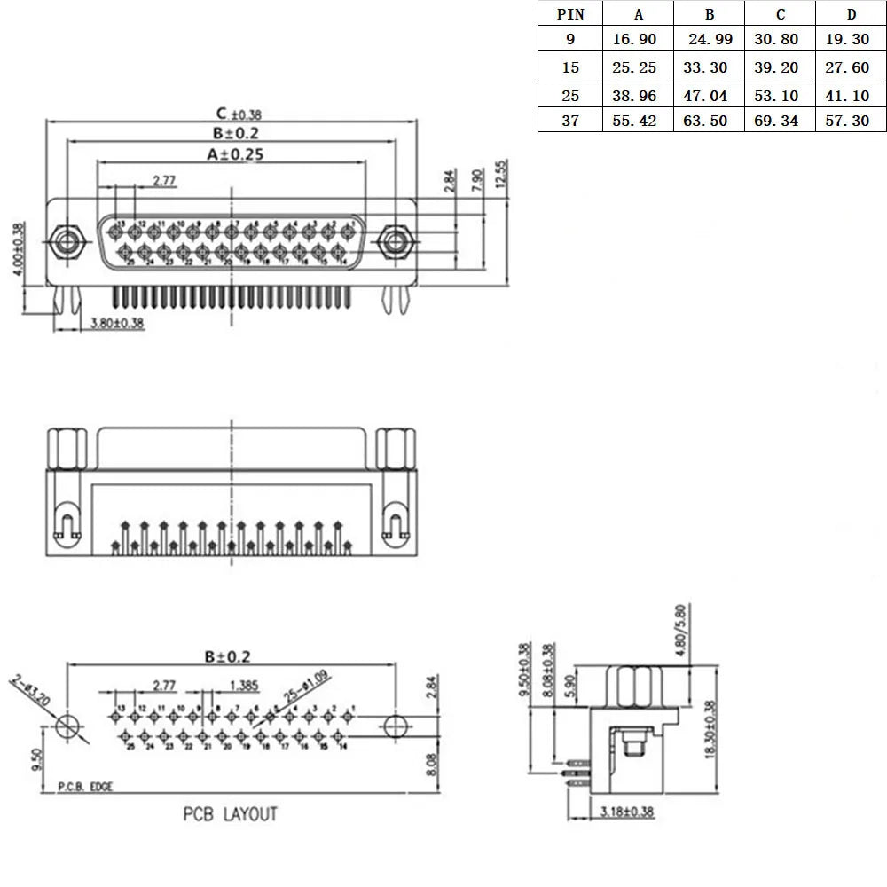5pcs D-SUB 9 15 25 37 Pin Male Female PCB Connector With Set Screw Plug Socket Adapter Right Angle 2 Rows DB9 DB15 DB25 DB37