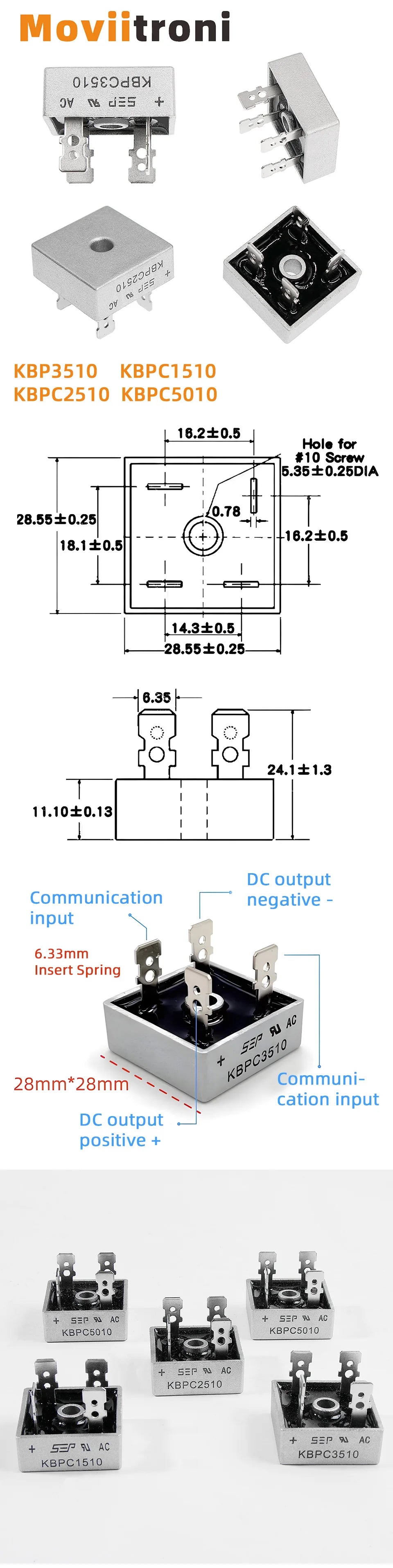 2pcs KBPC5010 Diode Bridge Rectifier KBPC1510 KBPC2510 KBPC3510 50A 1000v Single Phase Electronic Components