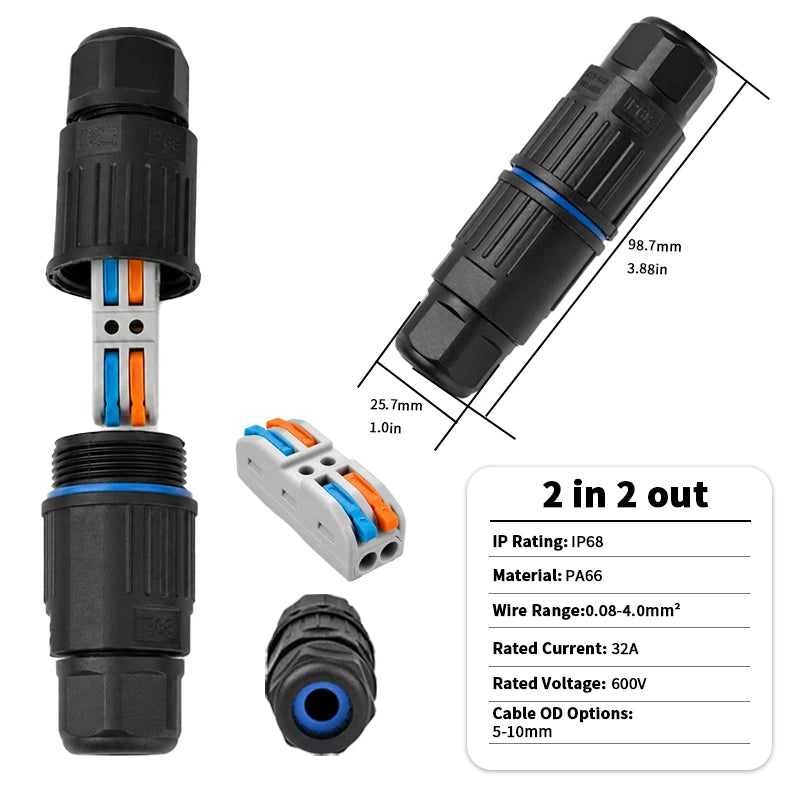 Electrical Cable Connector M20 IP68 Waterproof Inline Wire Connector Screwless Push In Cable Splice for Outdoor LED Lighting