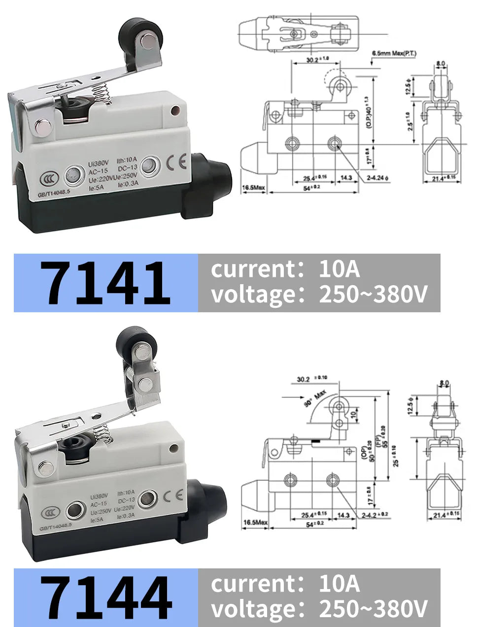 10Pcs Horizontal Limit Switch Long Hinge Roller Lever Momentary SPDT 1NO 1NC 380V 10A Industrial Travel Position Switch IP54