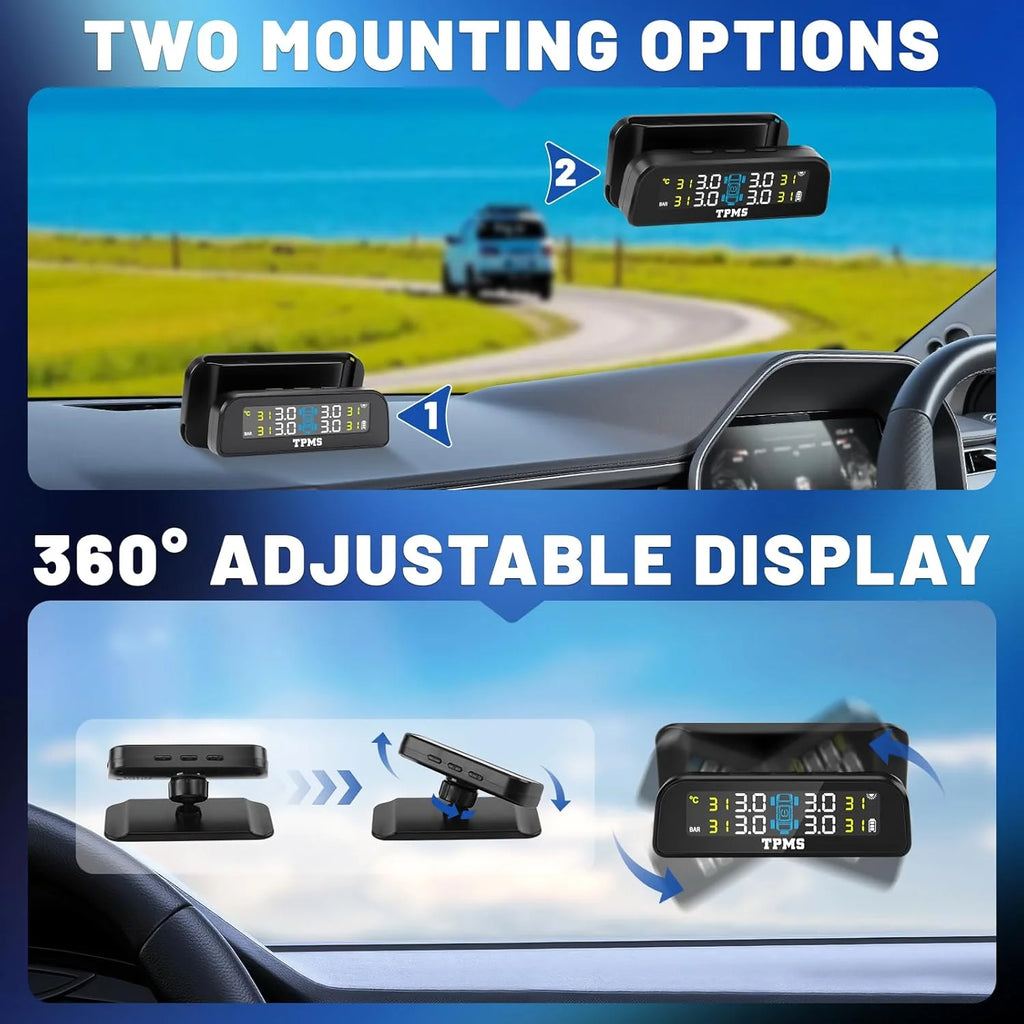 Tire Pressure Monitoring System with Solar Charge LCD Display Real TimeTPMS with 4 External Sensors For Car RV SUV MPV Truck