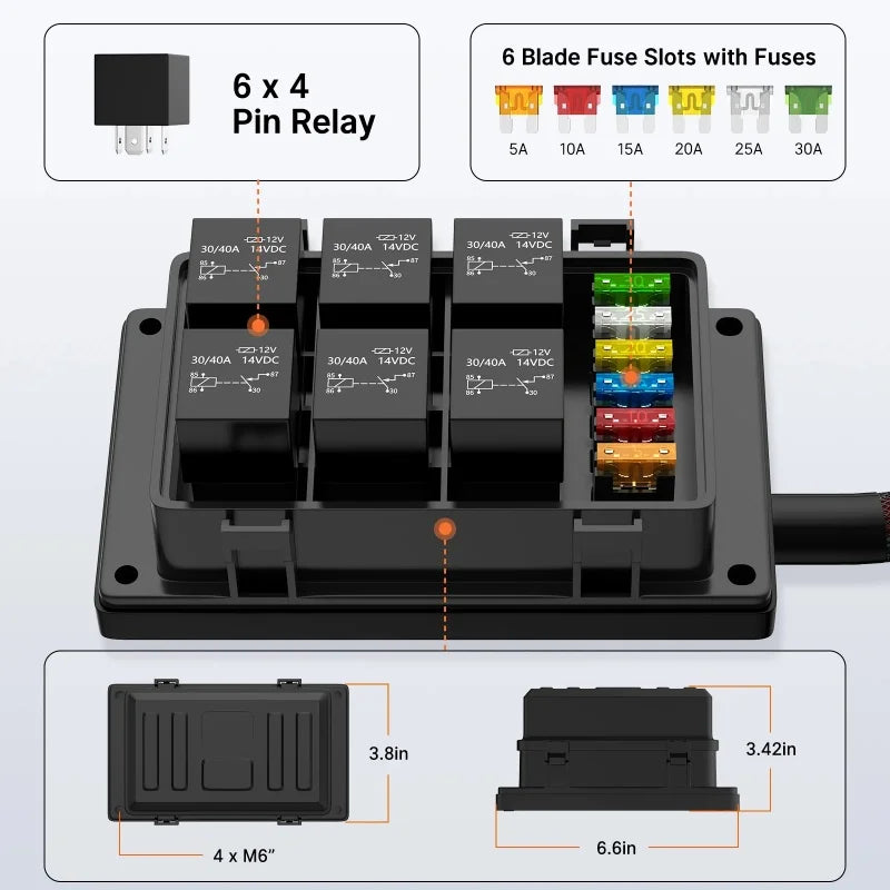 40A 80A Waterproof Relay Box 12V Pre-Wired with 6 Pcs 4P Relays for Auto 12V 24V Relay Kit Box