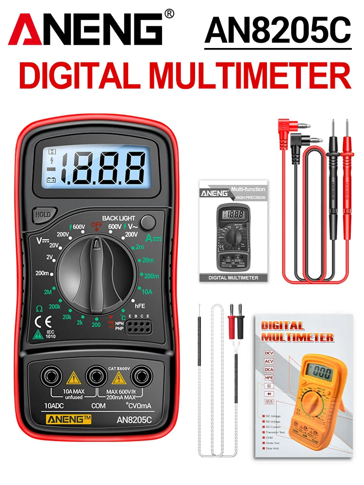 Digital Multimeter 1999 Counts 600V AC/DC Voltage Temp Test for Car Repair ANENG AN8205C Blue Backlight hFE Triode DIY Test Tool