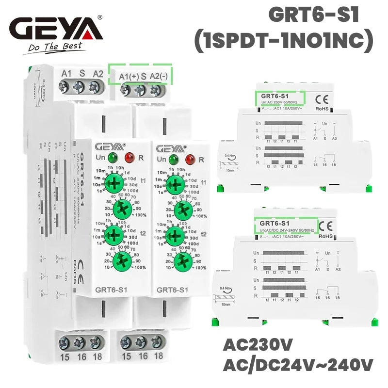 GEYA GRT6-S Cycle Time Delay Relay AC/DC24V-240V Asymmetric Relay SPDT 220V 10A Electronic Repeat Relay