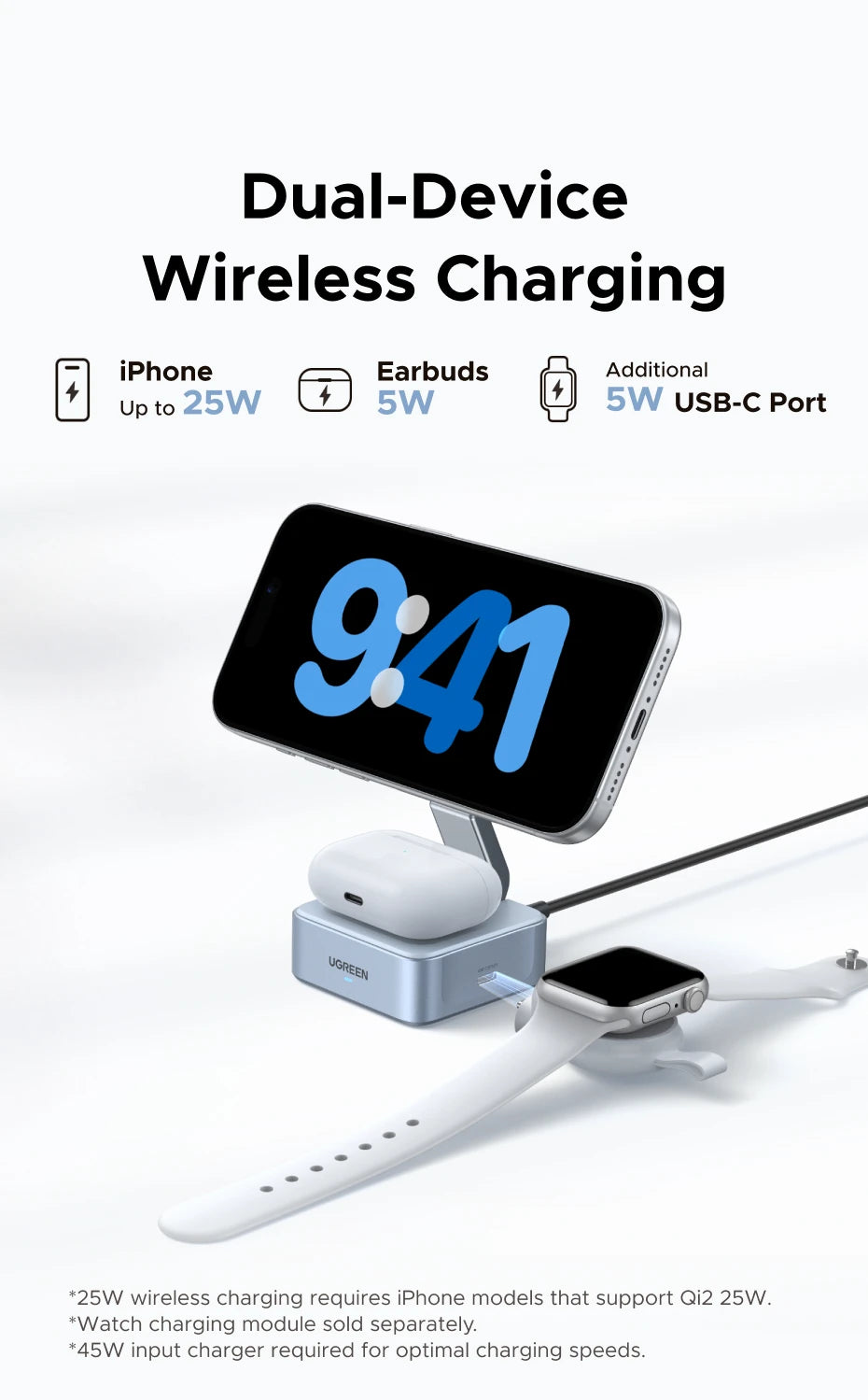 UGREEN Qi2.2 25W 15W 2-in-1 Magnetic Wireless Charger Stand Fast Charging Stand Charger For iPhone 16 17/AirPods Magflow Charger