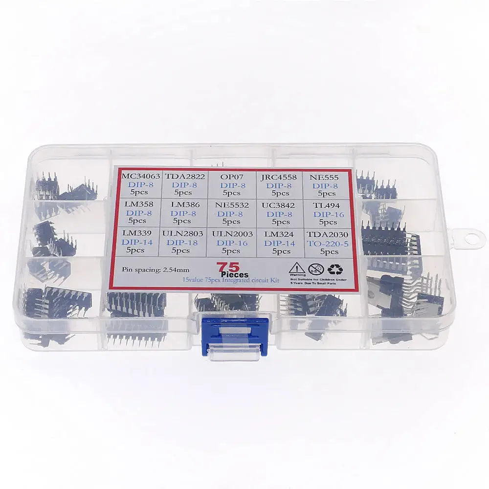 75pcs 15Values DIP IC Assorted kit set LM358 LM386 ULN2003 LM324 NE555 MC34063 TDA2822 JRC4558 OP07 TDA2030 ULN2803 LM339 NE5532