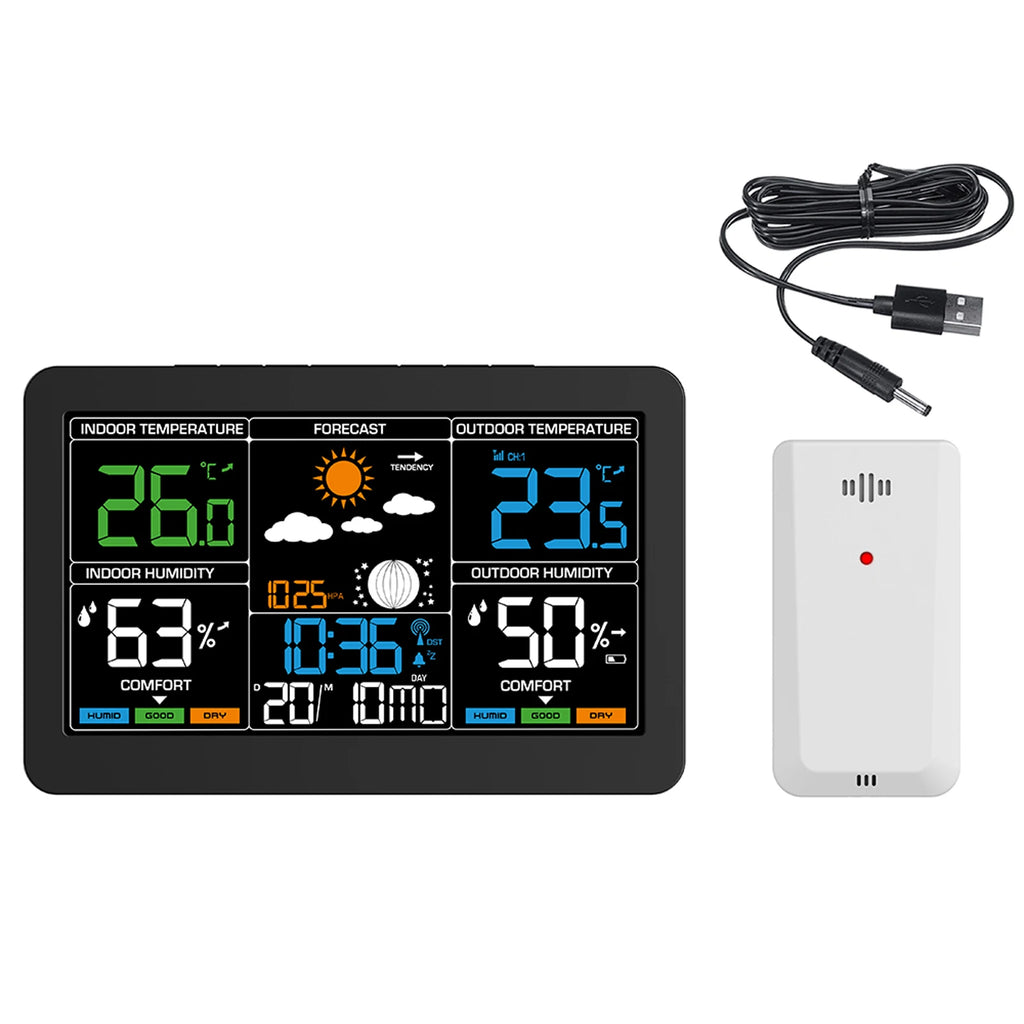 Large Screen Weather Clock Weather Station Wireless RF Temperature Humidity Monitor with Weather Forecast Remote Sensor