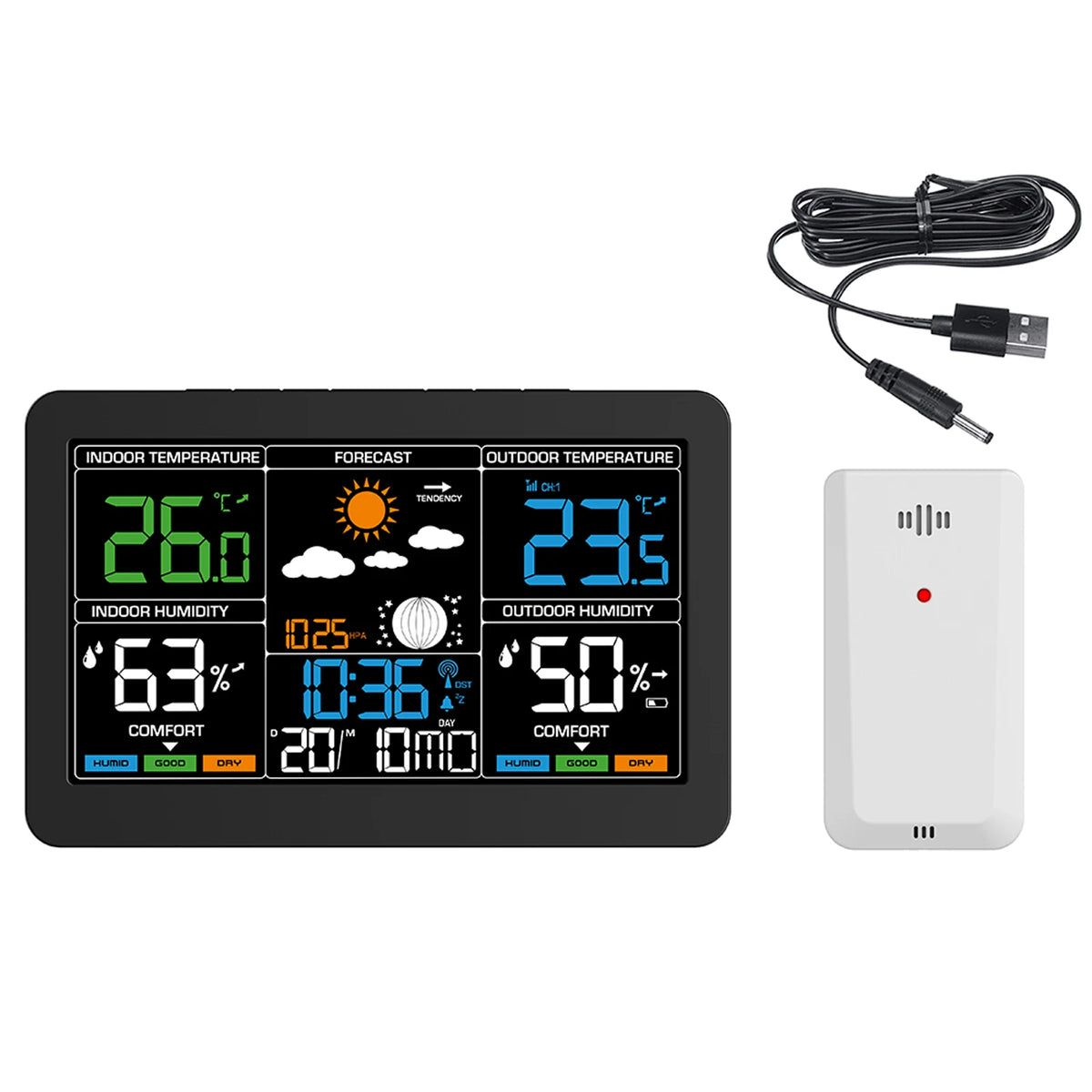 Large Screen Weather Clock Weather Station Wireless RF Temperature Humidity Monitor with Weather Forecast Remote Sensor