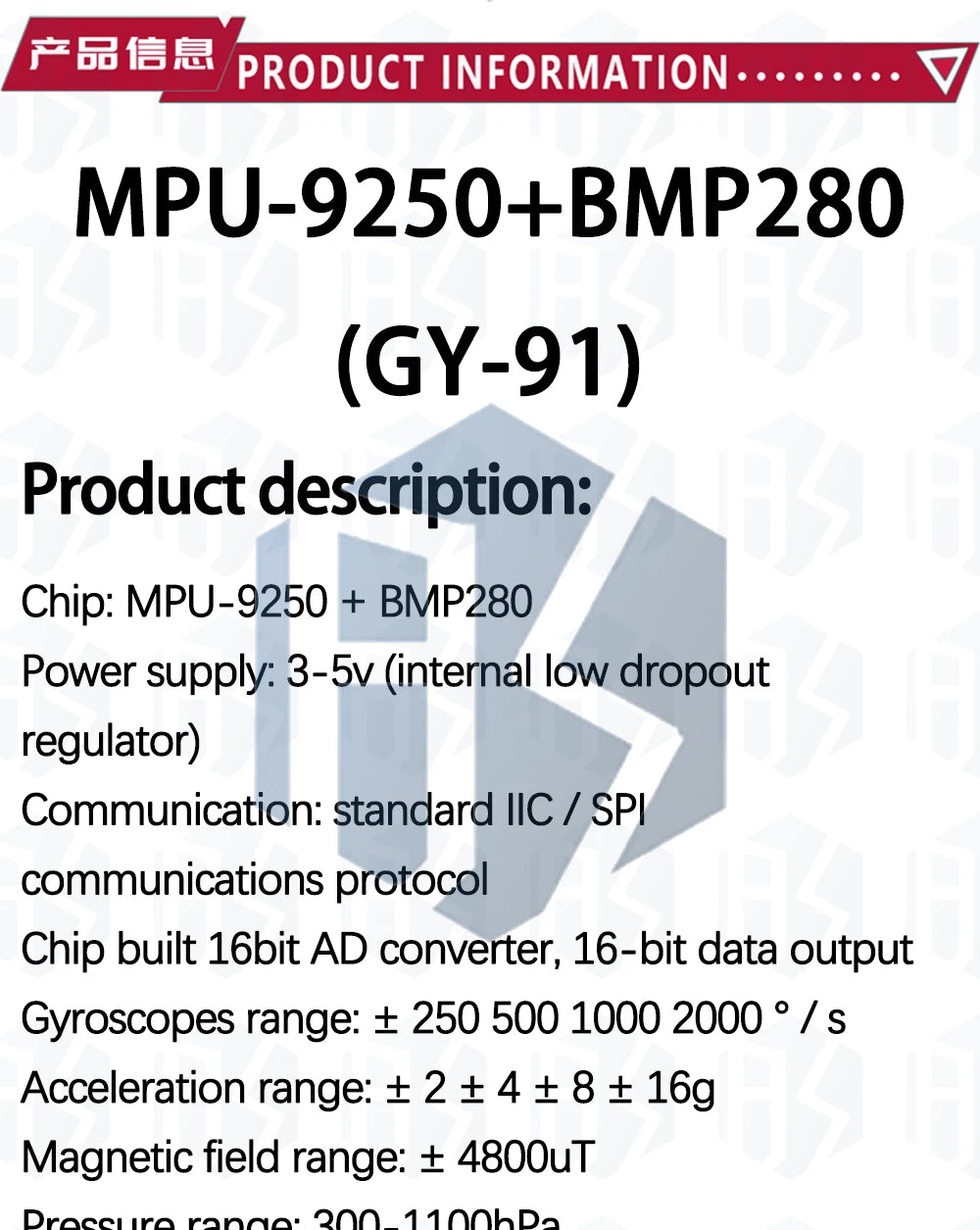 GY-91 MPU9250+BMP280 Sensor Module (1PC) – for Arduino-Compatible 9-Axis Compass Gyroscope with SPI/I2C 3-5V