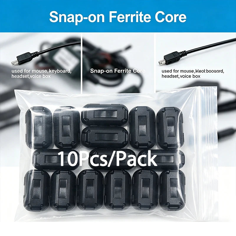 10Pcs 3.5/5/7/9/13/15mm Ring Core Ferrite Bead Clamp Choke Coil EMI RFI Noise Filter Clip Snap Cable for Black Magnetic Snap-on