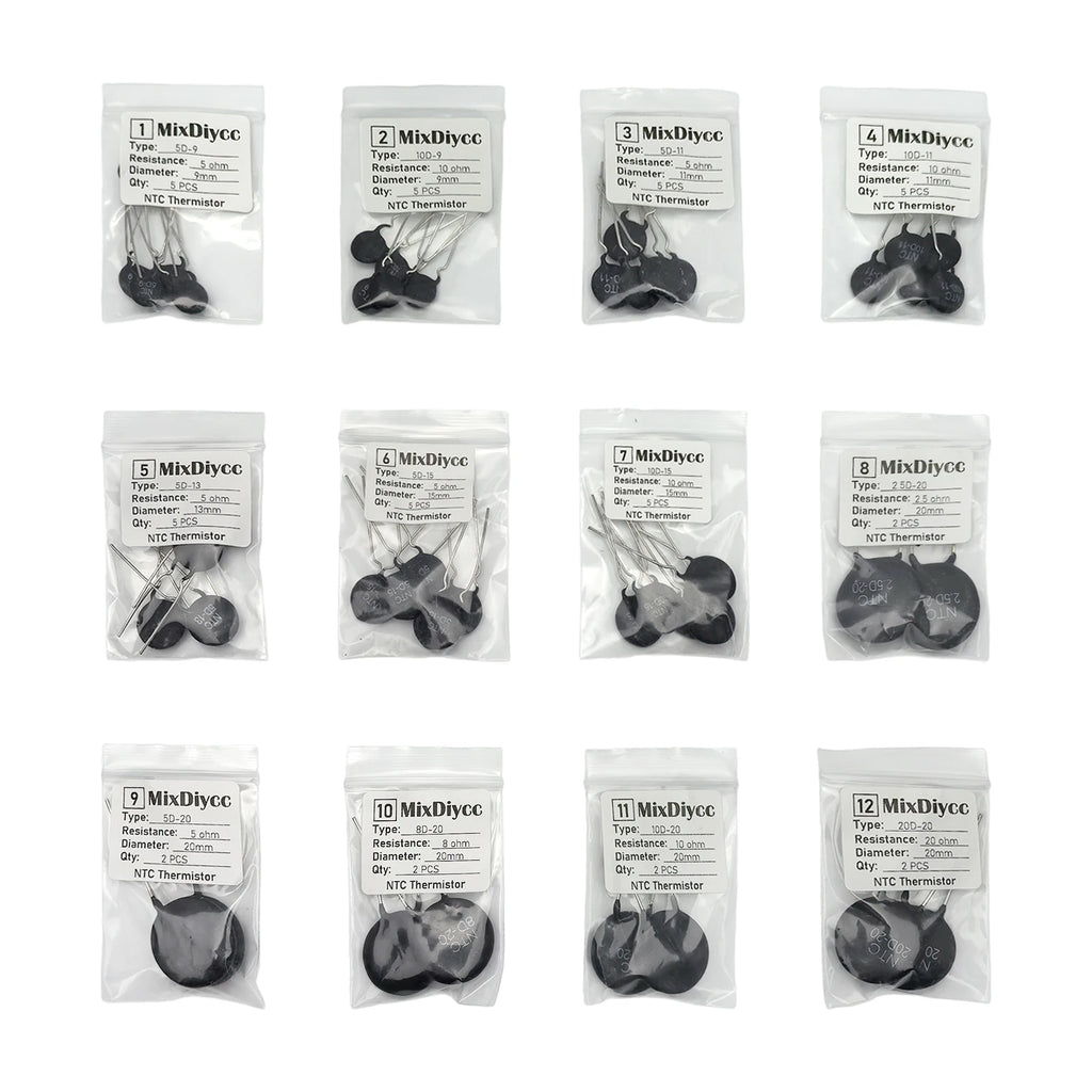 12 Values NTC Thermistor Kit 5D-9 10D-9 5D-11 10D-11 5D-13 5D-15 10D-15 2.5D-20 5D-20 8D-20 10D-20 20D-20 Resistor Total 45 Pcs