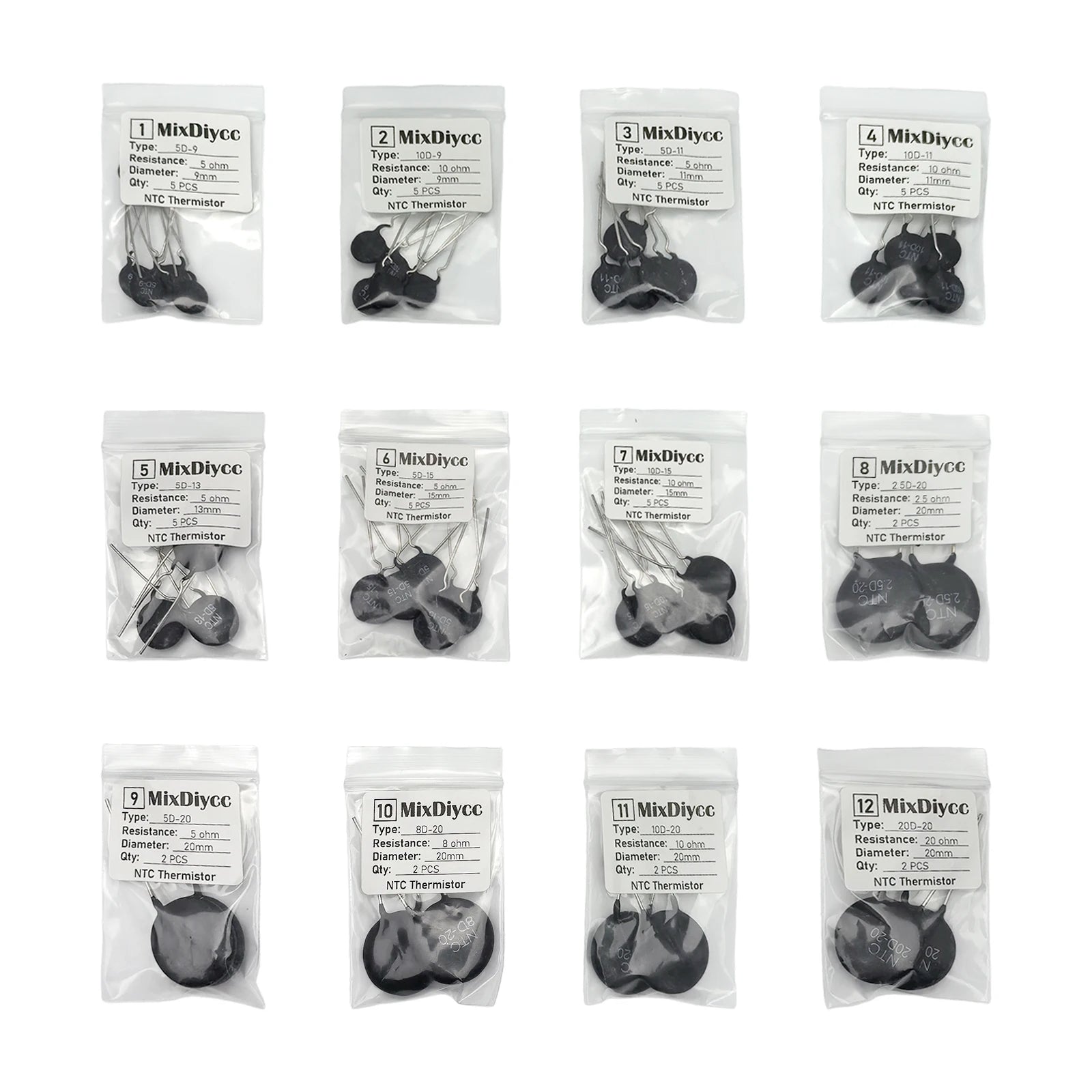 12 Values NTC Thermistor Kit 5D-9 10D-9 5D-11 10D-11 5D-13 5D-15 10D-15 2.5D-20 5D-20 8D-20 10D-20 20D-20 Resistor Total 45 Pcs