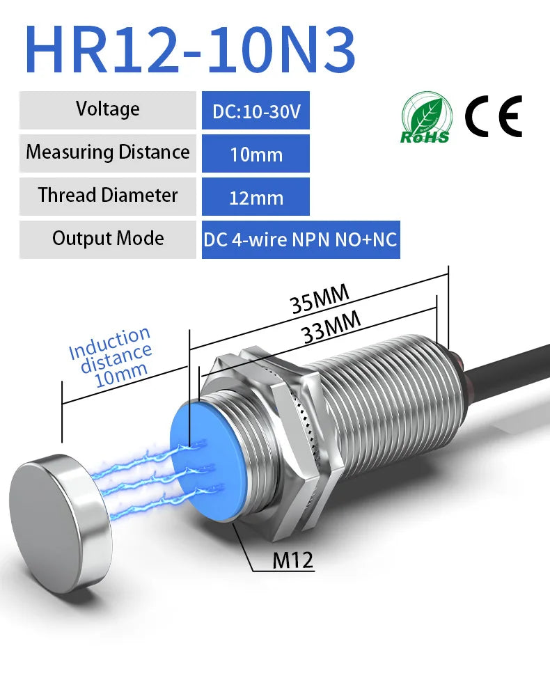 GTRIC Hall Effect Magnetic Proximity Sensor Switch NJK5002C Series M12 Sensing Distance 10mm DC10-30V NPN PNP N or S Pole