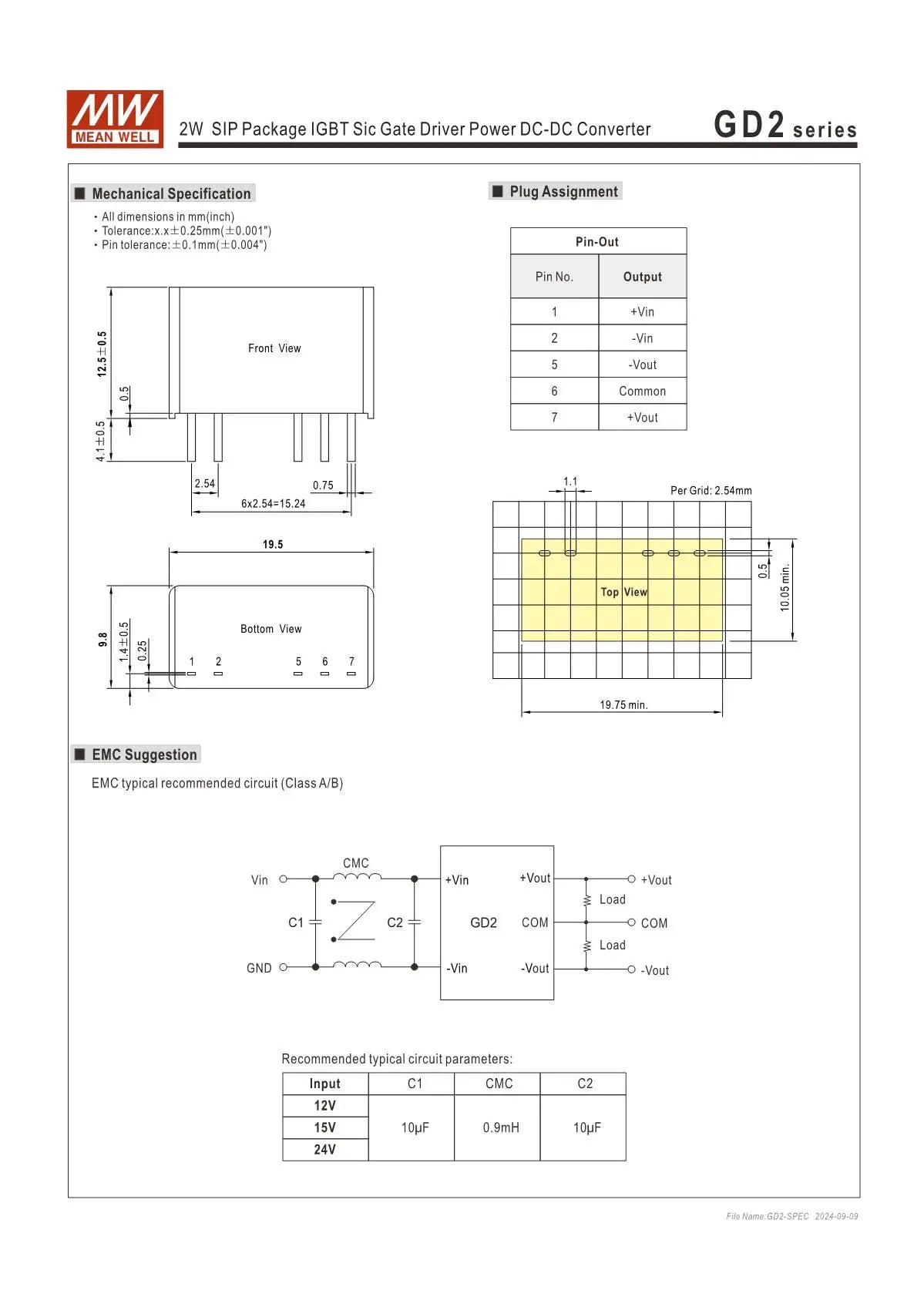 GD2 2W MEAN WELL SIP Package IGBT Sic Gate Driver Power DC-DC Converter GD2-12 GD2-15 GD2-24 19mA 35mA 43mA