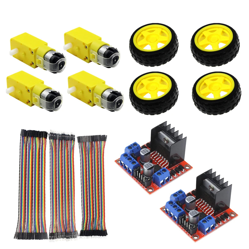 4-Wheel Robot Kit with Motor 3 DuPont Wires 2 L298N Motor Drive Modules for DIY Educational Science Projects