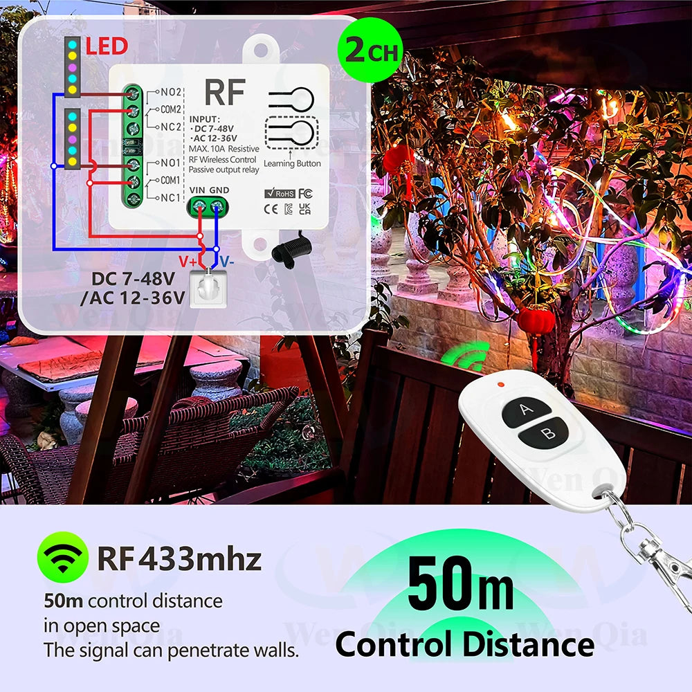 433MHz Wireless Remote Control Switch 2 CH DC 12V 24V 36V 48V Type-C 5V RF Relay Module for Light/Fan/Motor/Garage Door Opener