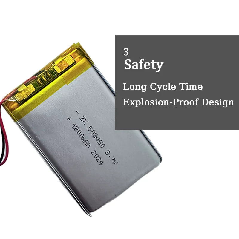 603450 3.7V 1200mAh Lithium Polymer LiPo Rechargeable Battery with jst PH 2.0mm 2pin plug For MP3 Laptop PC Camera GPS