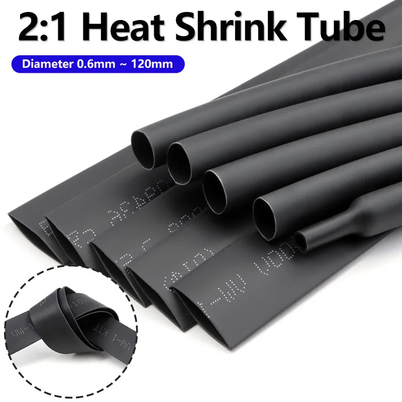 1/2/5M Black 2:1 Heat Shrink Tube Diameter 0.6mm~120mm Wire Repair Protector Polyolefin Insulated Shrinkable Cable SleeveTubing