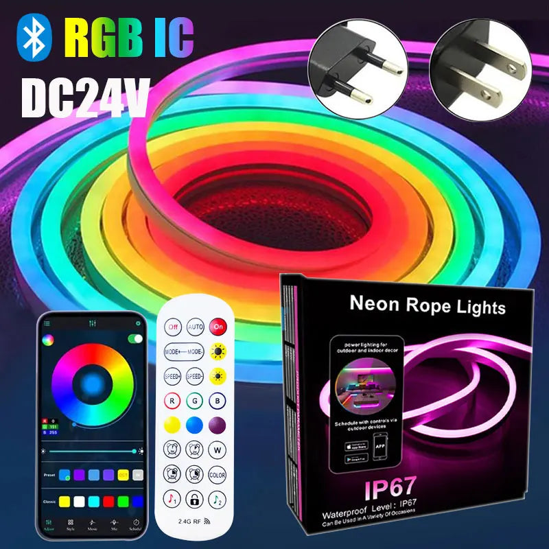 24V Addressable Neon Led Ribbon 5M 10M 15M 20M Bluetooth Led String Lights Waterproof Outdoor Lighting Rgbic Strip Neon Rgb Tape