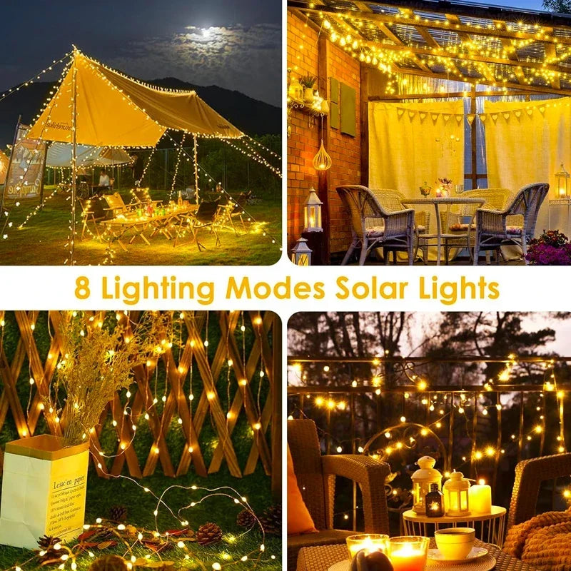 1pcs Solar String Lights Outdoor Waterproof LED Outdoor 8 Modes Christmas Fairy Light for Patio Yard Tree Garden Balcony Decor