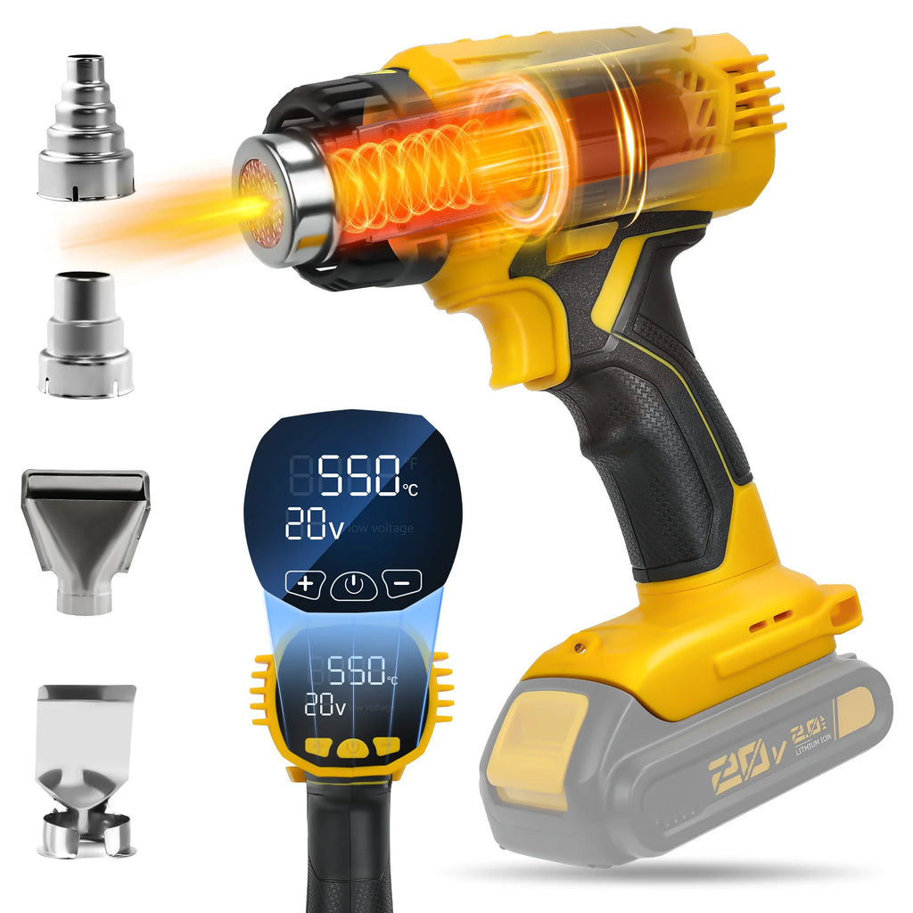 400W Cordless Heat Gun 50℃-550℃ Variable Temperature with LCD Digital Display Soldering Hot Air Gun for Dewalt 20V Battery Pin