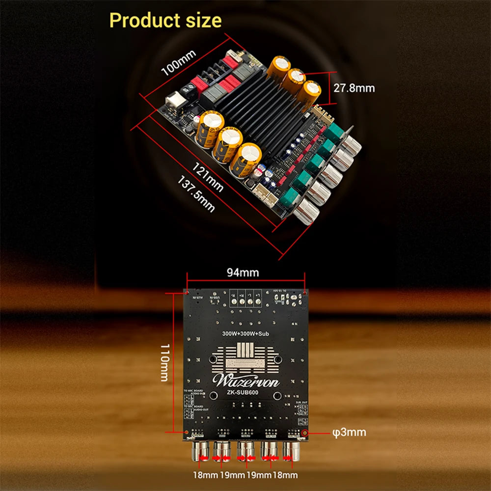ZK-SUB600 BT Amplifier Board Module 2.0 Channel 300W+300W+Subwoofer Extension TPA3255 DC 18-50V with Subwoofer