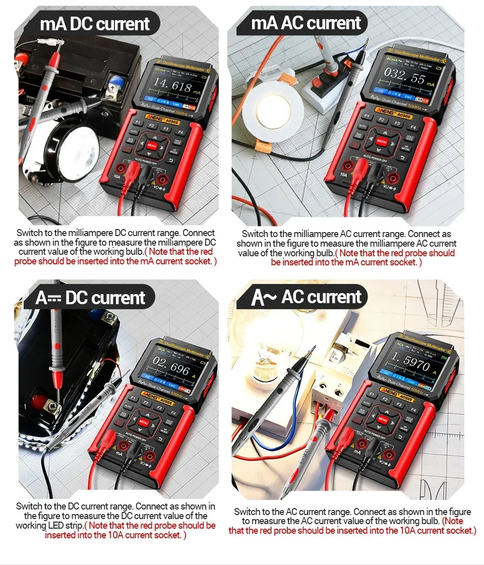 Dual-channel Oscilloscope Rechargeable 50MHz Bandwidth 200MSa/s Sampling Smart Automatic 3-in-1 Detector 25000 Count ANENG AOS05