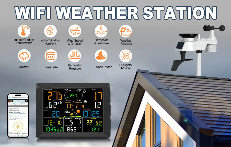 WiFi Weather Station 14-in-1 Wireless with Color Display Real-Time Sync to Weather Underground 100m Range Smart Home Sensor