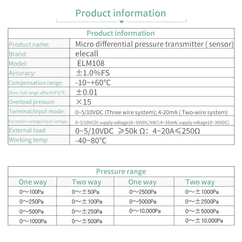 ELM110/112/116 Micro Differential Pressure Transmitter Air Pressure Transmitter Pressure Sensor 100-1000Pa