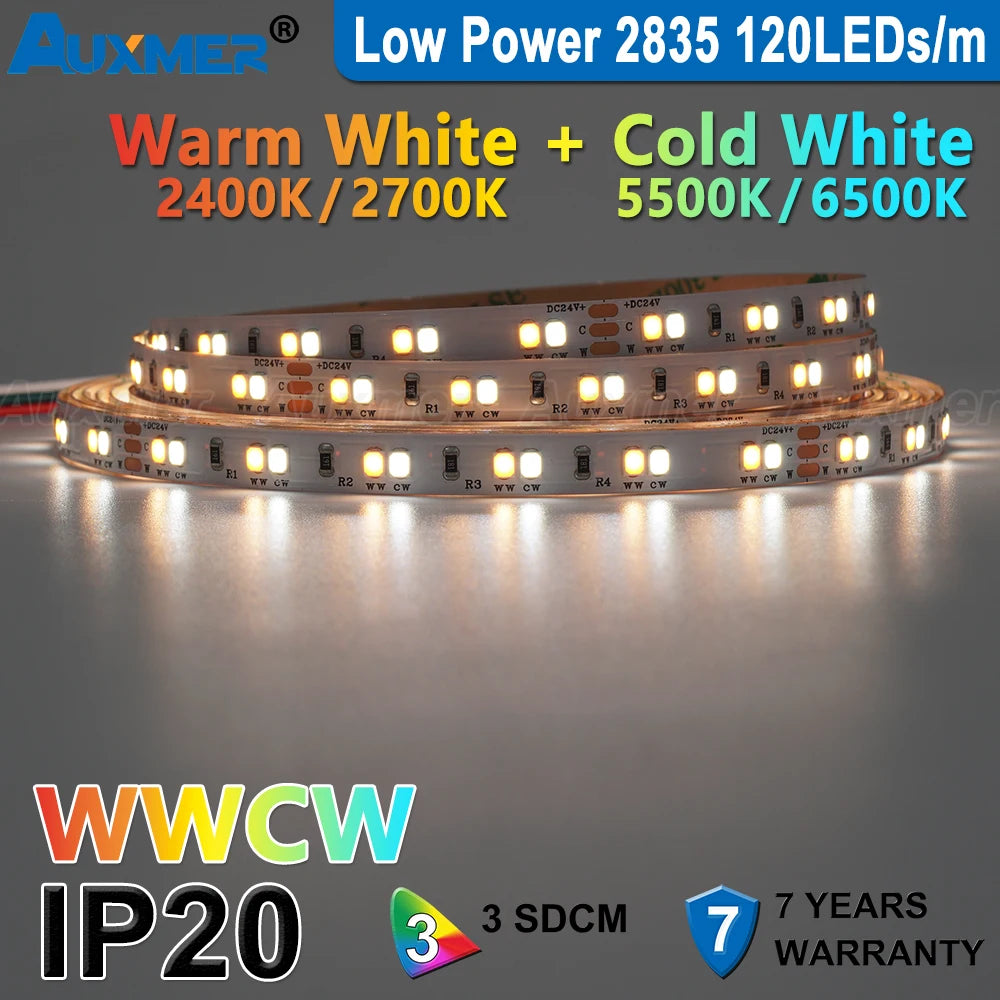 Auxmer 2835 WWCW LED Strip Lights,120LEDs/m 240LEDs/m,CRI＞95 Super Bright Flex LED DC12/24V,5m/reel,CCT 2400~6500K,IP20,3SDCM