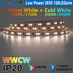 Auxmer 2835 WWCW LED Strip Lights,120LEDs/m 240LEDs/m,CRI＞95 Super Bright Flex LED DC12/24V,5m/reel,CCT 2400~6500K,IP20,3SDCM