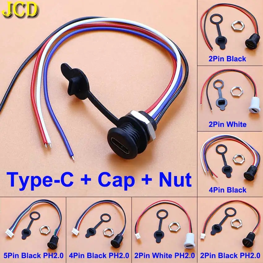1/5pcs USB Type C Connector Type-C Female Socket With PH2.0 Terminal Nut Locking Plate Waterproof Charging Jack Port 15cm Wire