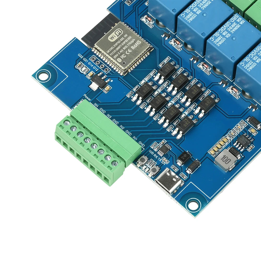 4 Channel Relay Module ESP32 RS485 Modbus WIFI Bluetooth Optocoupler Isolation Type C Interface for Industrial Automation