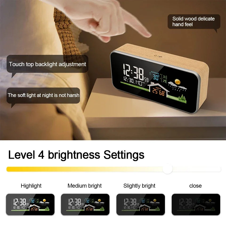 Wooden Wireless Weather Station Alarm Clock - Digital Thermometer Humidity Monitor with Wireless Sensor, Home Desktop TimeWatch