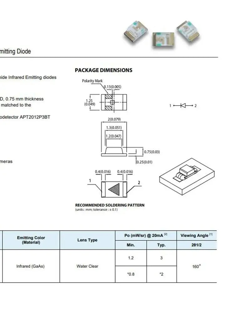 10pcs APT2012F3C EMITTER IR 940NM 50MA 0805 Infrared (IR) Emitter 940nm 1.2V 50mA 1.2mW/SR @ 20mA 120° 0805 (2012 Metric) SMD