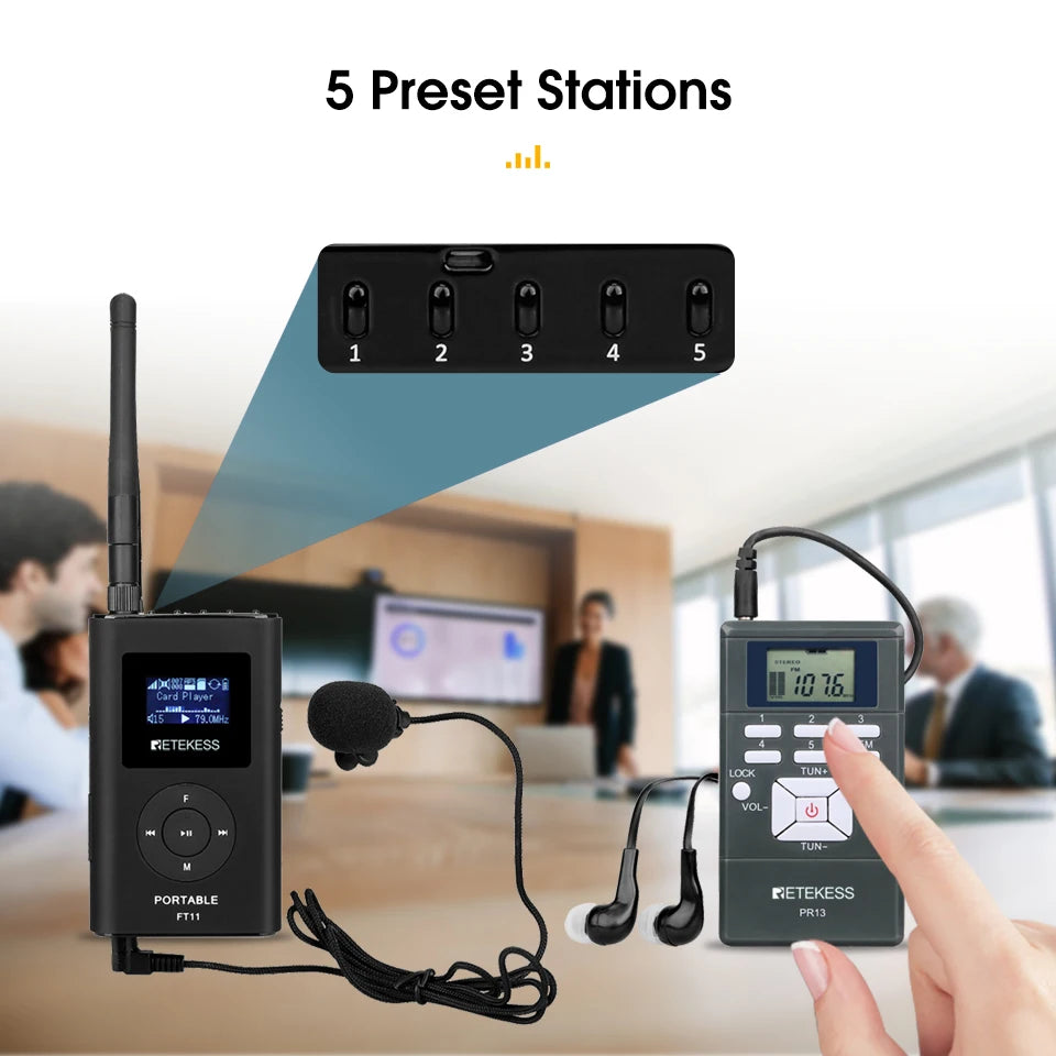 Retekess FT11 0.3W Wireless FM Broadcast Transmitter MP3 Portable for Church Car Meeting Support TF Card AUX Input