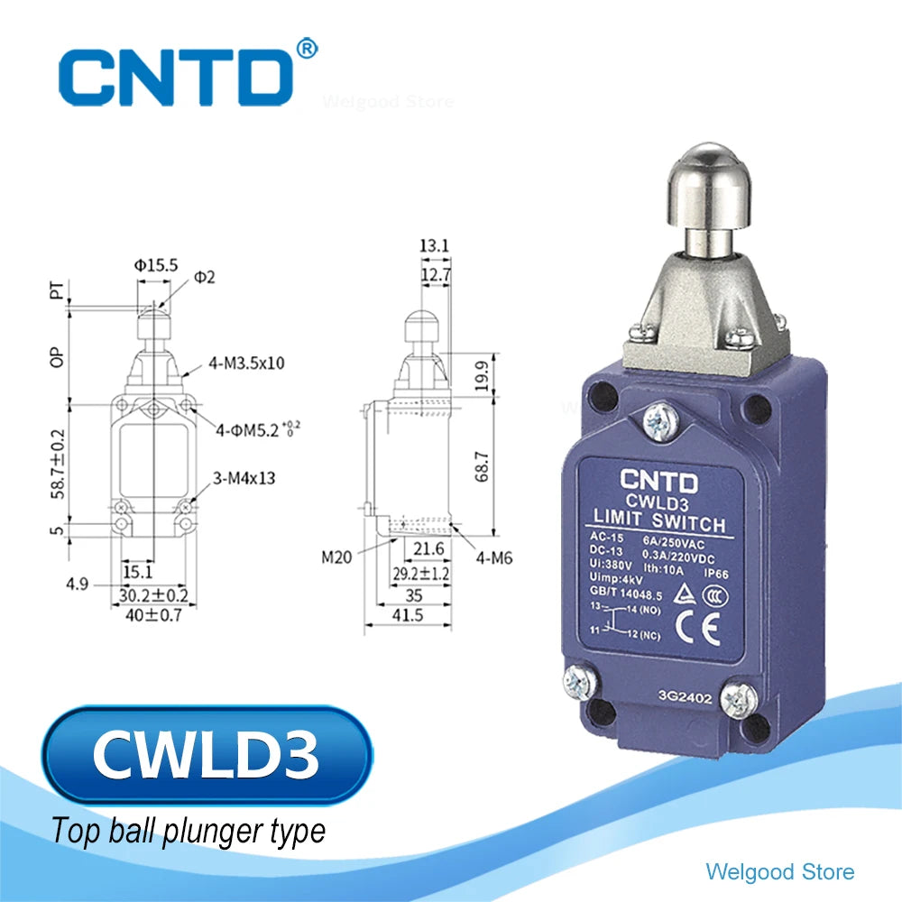 CNTD All new upgrade CWLD3 Vertical Limit Switch 10A 380VAC IP66 DPDT Za Double-Break Top Ball Plunger Industrial