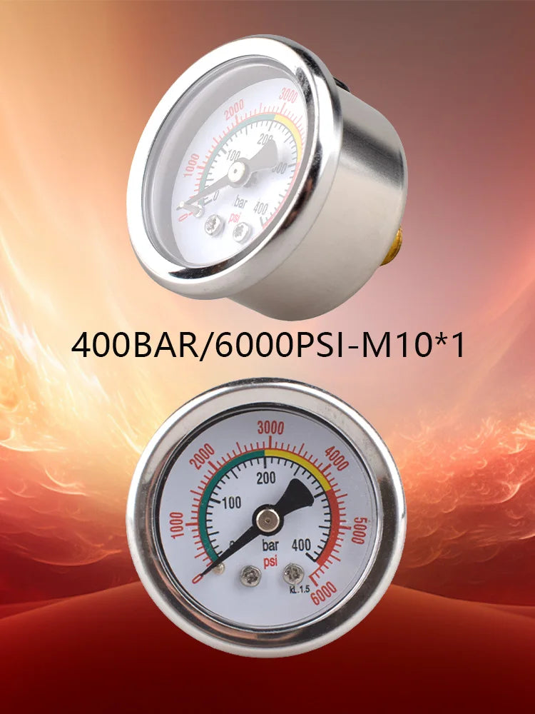 HPA M10*1 400BAR 6000PSI Air Pressure Gauge Stainless Steel Case Brass Thread Gas Manometer For Compressed Soda CO2 Air/Nitrogen