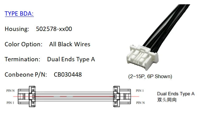5025780800 Wire harness, MOLEX Click Mate 1.50mm Pitch Cable,502578-0800，8P, Off The Shelf, 10Pieces Per Bag