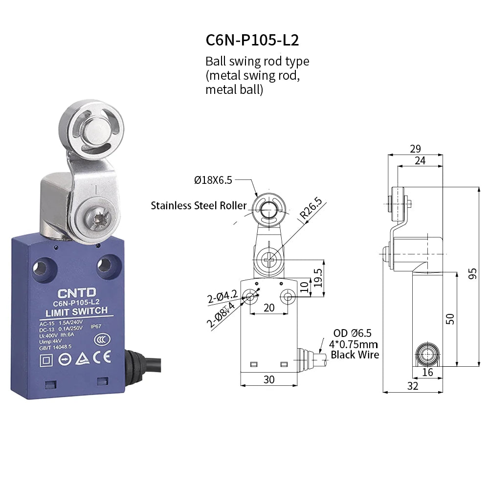 CNTD Micro Limit Switch C6N Series C6N‑101 C6N‑102 C6N‑111 C6N‑121 1NO1NC 10A 250V IP67 Waterproof For Automated Machinery