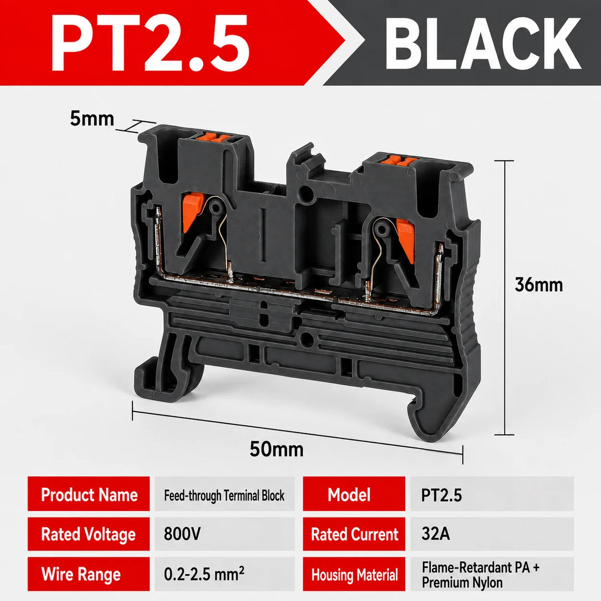 1-50Pcs PT2.5 Feed Through Terminal Block Push In Spring Connector 800V 32A 0.2-2.5mm2 DIN Rail NS35 Screwless Electrical Wiring