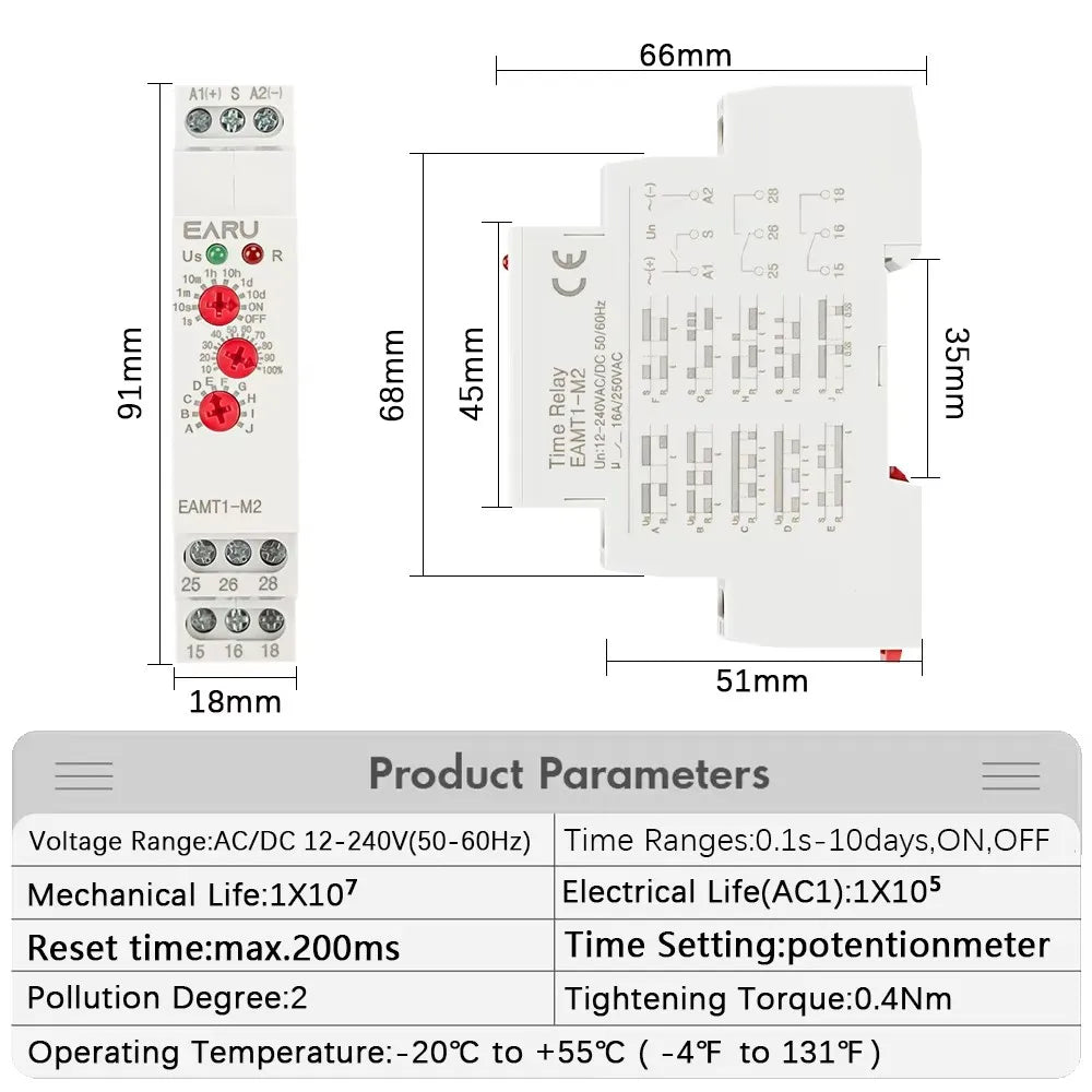 EARU 1Pcs 16A Multifunction Type 0.1 Second -10 Days Timer Relay With 10 Function Choices AC DC 12V-240V Time Relay Din Rail