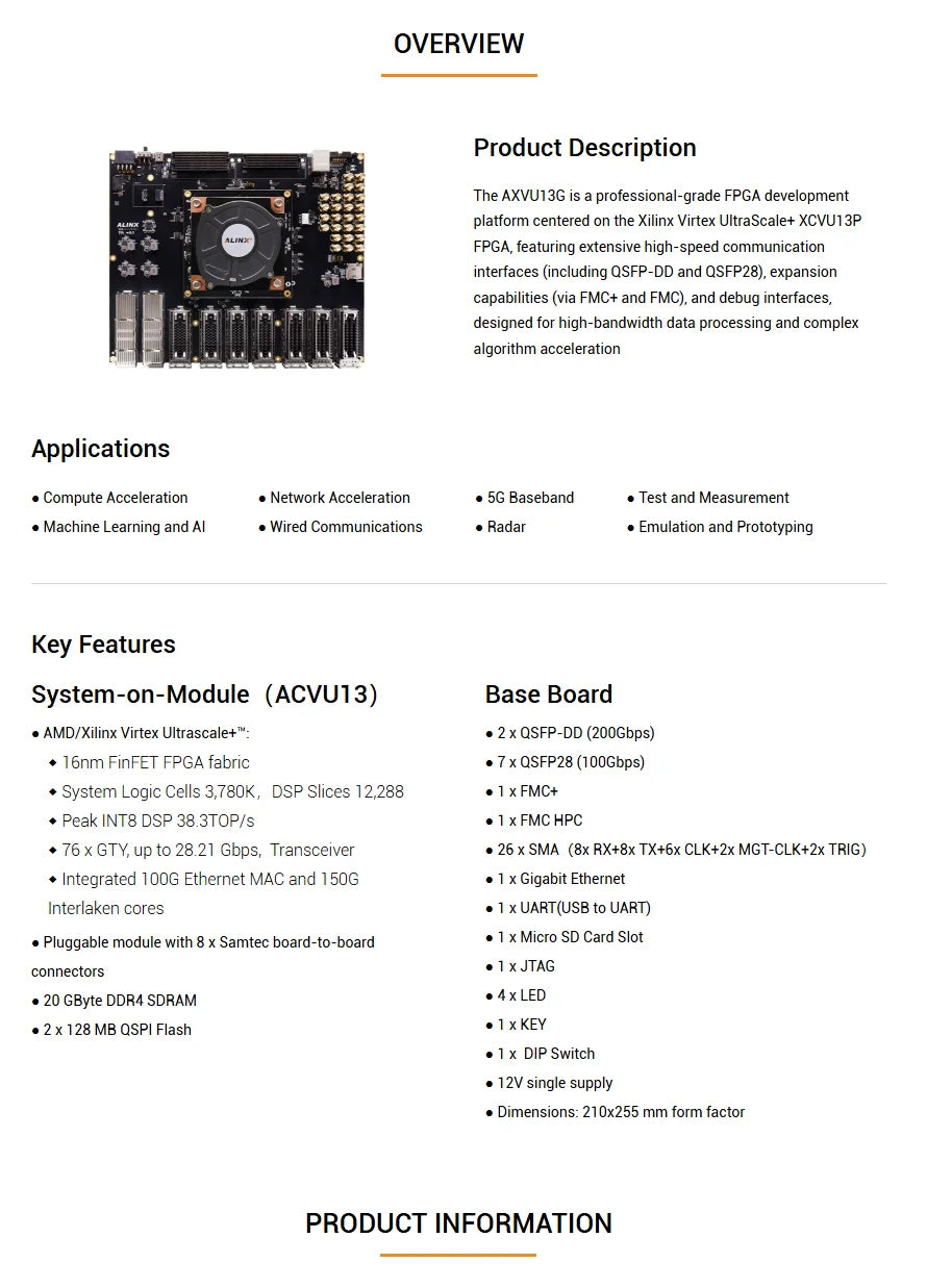 ALINX AXVU13G FPGA Development Board with AMD Virtex UltraScale+ XCVU13P, QSFP-DD QSFP28 FMC+ High-Speed IO