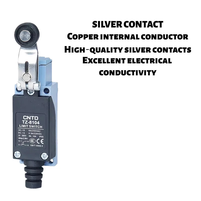 Limit Switch, CNTD TZ‑8104 metal plastic housing 1NO1NC contact, 10A 250VAC IP65 adjustable roller lever, travel sensor for CNC