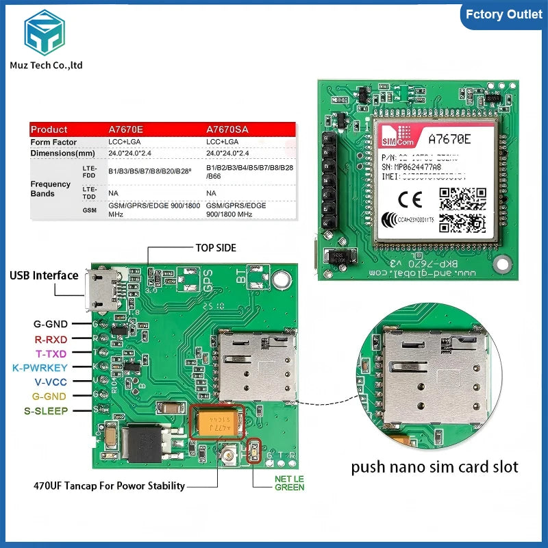 A7670E Push Nano Side Way SIM Slot Core Board SIMCOM 4G LTE Cat 1 Module Support Data/GPS for Europe/Middle East/Africa