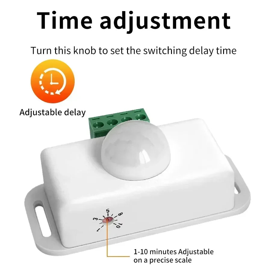 DC 12-24V PIR Motion Sensor Switch - Adjustable Delay Infrared Human Detection Ideal for LED Lights and Wardrobe Strip