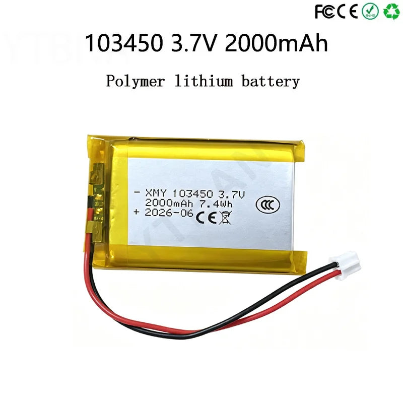 103450 3.7V 2000mAh Polymer Lithium Rechargeable Battery Jst PH 2.0mm 2pin Plug for Camera GPS Navigator MP5 Bluetooth Headset